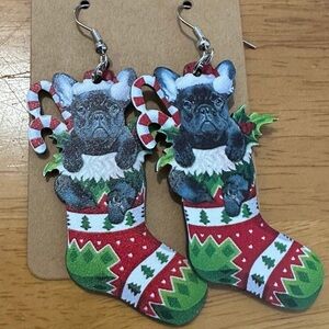 Festive French Bulldog Christmas Stocking Earrings
